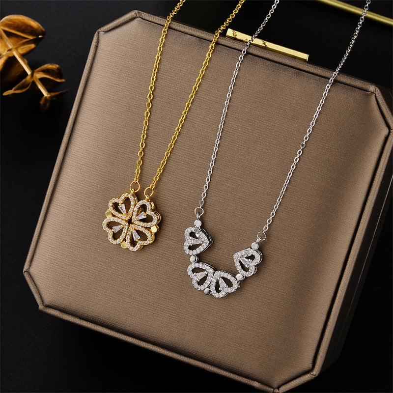 Transforming Heart to Clover Pendant Necklace – Gold Crystal and rose crystal
