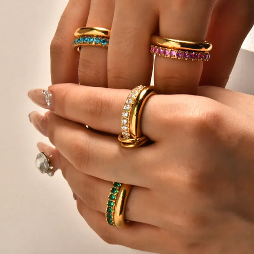 18K Gold Geometric Rings with Zircon Inlay - Waterproof & Non-Tarnish