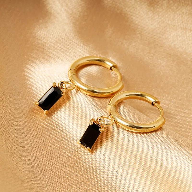 18K Gold Geometric Dangling Earrings with Zircon Inlay