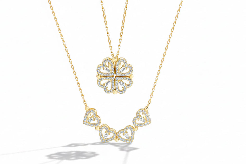 Transforming Heart to Clover Pendant Necklace – Gold Crystal and rose crystal