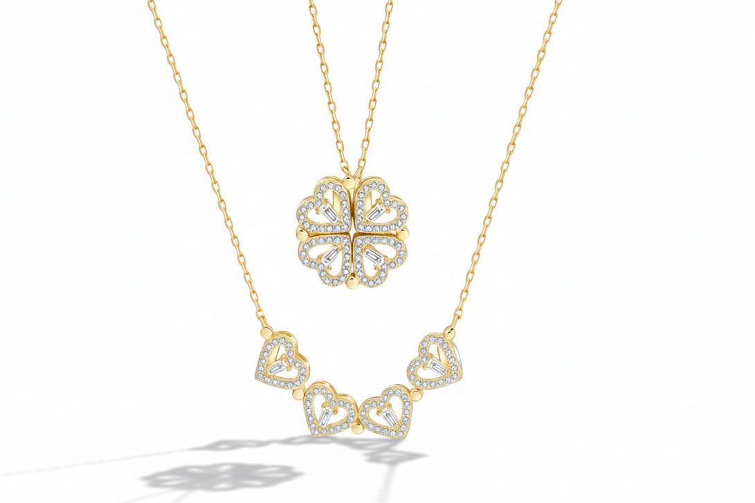 Transforming Heart to Clover Pendant Necklace – Gold Crystal and rose crystal