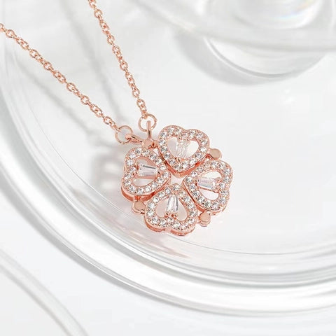 Transforming Heart to Clover Pendant Necklace – Gold Crystal and rose crystal